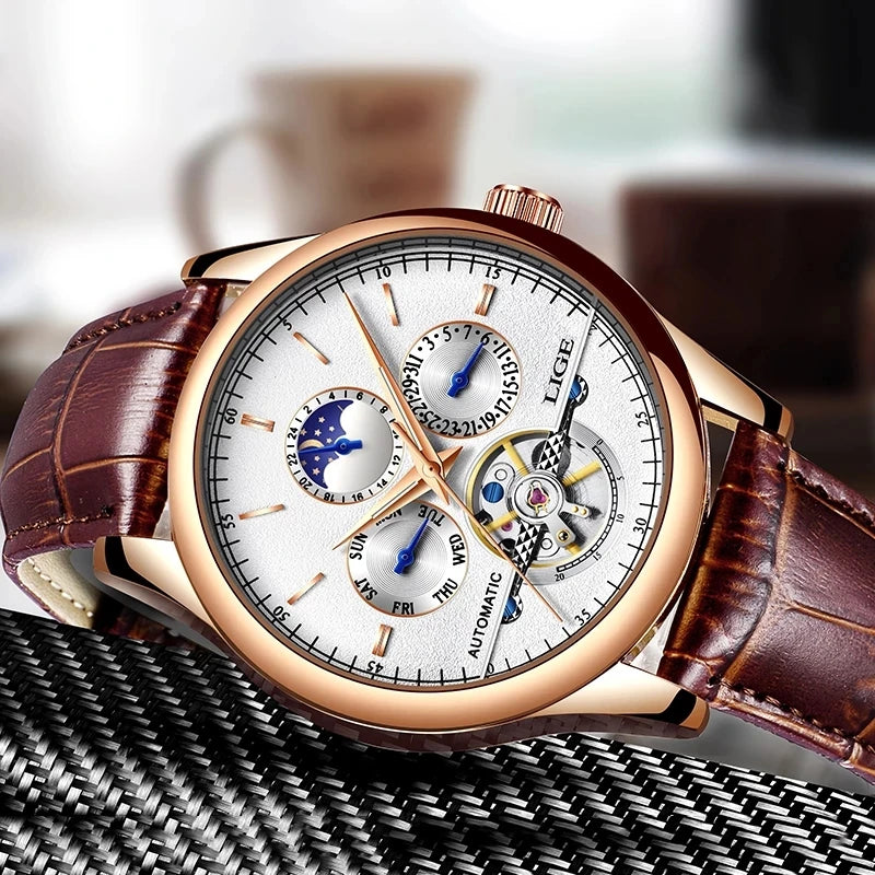 Relogio Masculino 50M Waterproof Mens Watches New LIGE Top Brand Luxury Automatic Mechanical Watch Man Leather Watch Week Clock