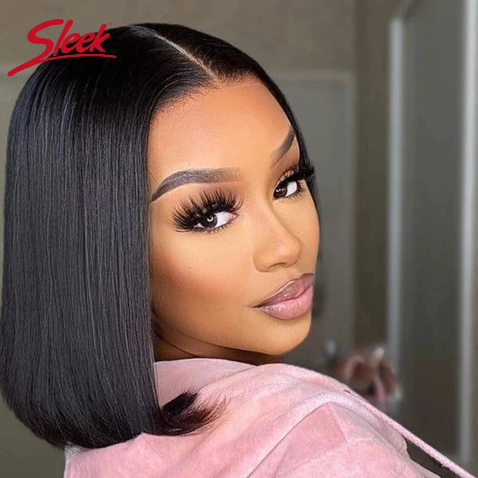 Brazilian Straight Lace Bob Wigs Sleek Short Lace Part Human Hair Wigs 200% Density Cheap Nature Remy Black Dark Hair Wigs