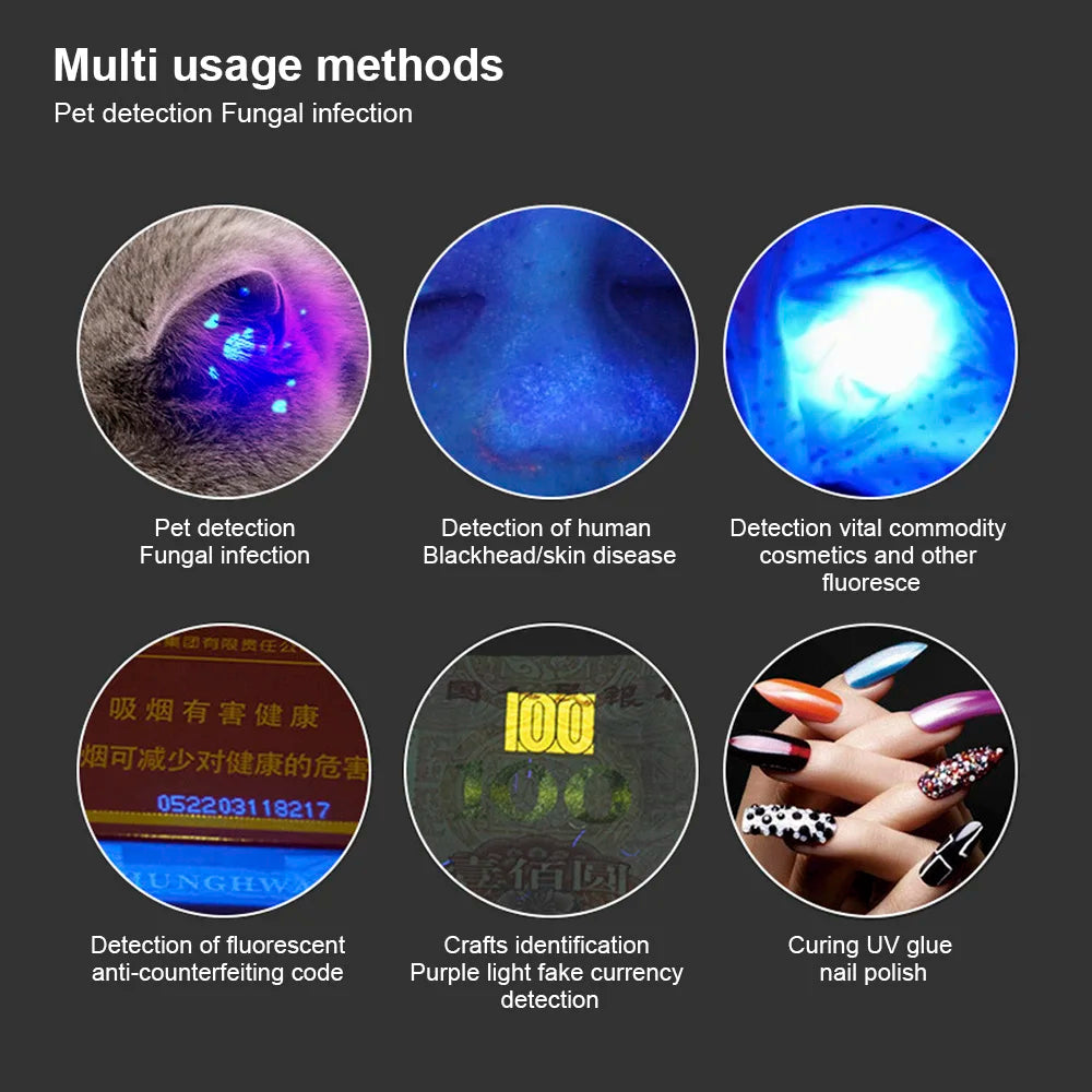 Pet Fungus Detection Waterproof UV Flashlight Cat Moss Tinea Light 365 UV Black Mirror Skin Ultraviolet Light Wood's Lamp