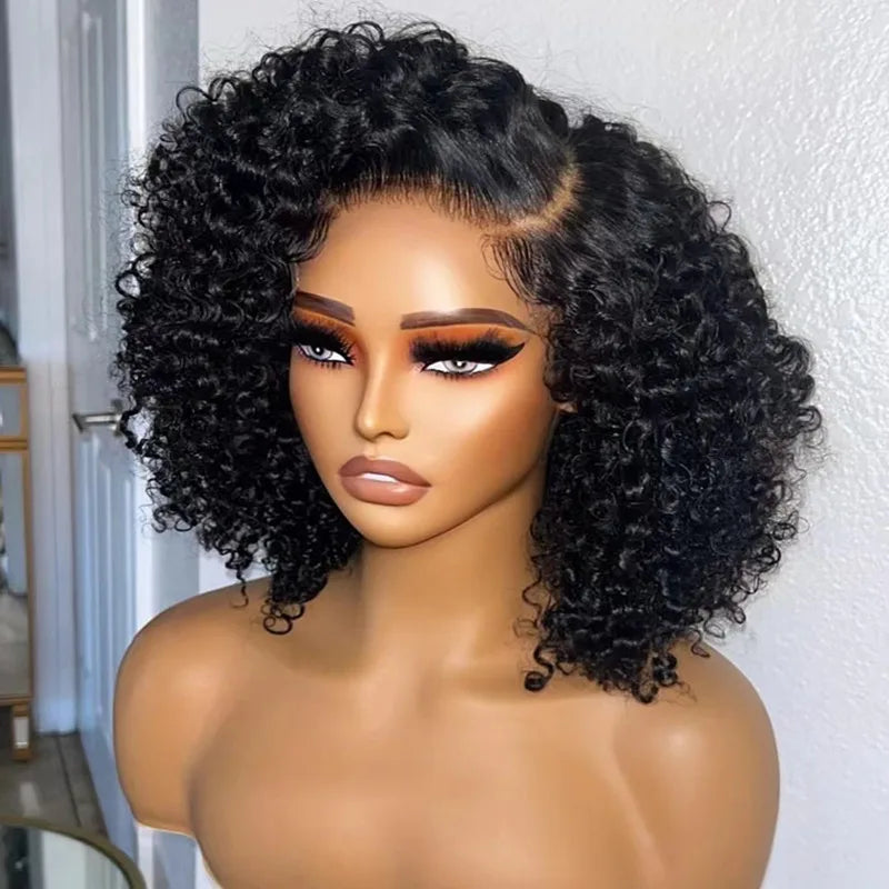 Deep Wave Short Bob Cut Natural Black Color 13X4 HD Lace Front Synthetic Wig For Black Women Preplucked Cosplay Daily Glueless