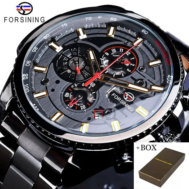 Forsining Rose Golden Case Blue Stainless Steel Mens Business Sport Mechanical Automatic Wrist Watch Three Dialy Multifunction