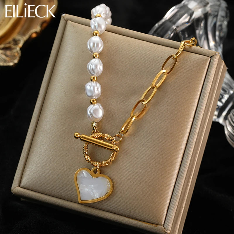 EILIECK 316L Stainless Steel Pearl Heart Pendant Necklace For Women 2023 New Trendy Temperament Simple Neck Chain Jewelry Gifts