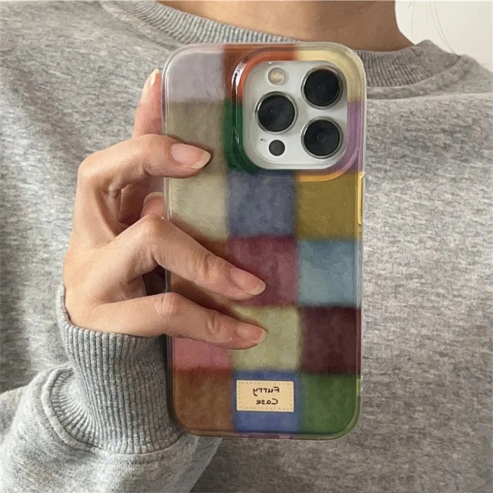 Cute Dopamine Color Block Match Plaid Clear Case For iPhone 16 15 14 13 12 11 Pro Max XS XR X SE 7 8 Plus Checkered Soft Cover