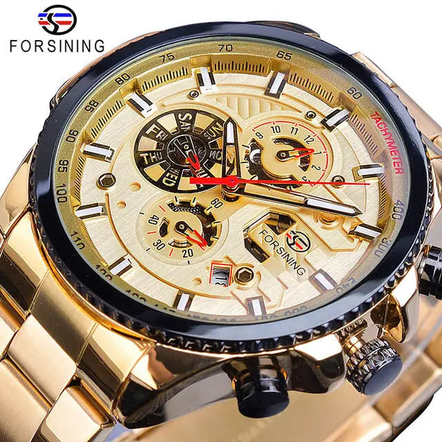 Forsining Rose Golden Case Blue Stainless Steel Mens Business Sport Mechanical Automatic Wrist Watch Three Dialy Multifunction