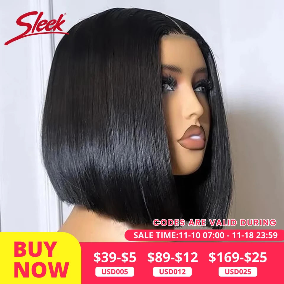 Brazilian Straight Lace Bob Wigs Sleek Short Lace Part Human Hair Wigs 200% Density Cheap Nature Remy Black Dark Hair Wigs