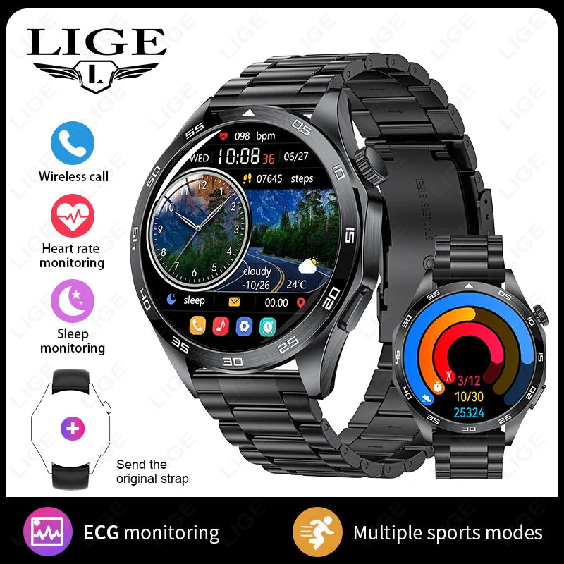 LIGE New Smartwatch For Men ECG Heart Rate Monitoring Medical Grade Men’s Watches Bluetooth Call Bracelet Smart Watch For Huawei