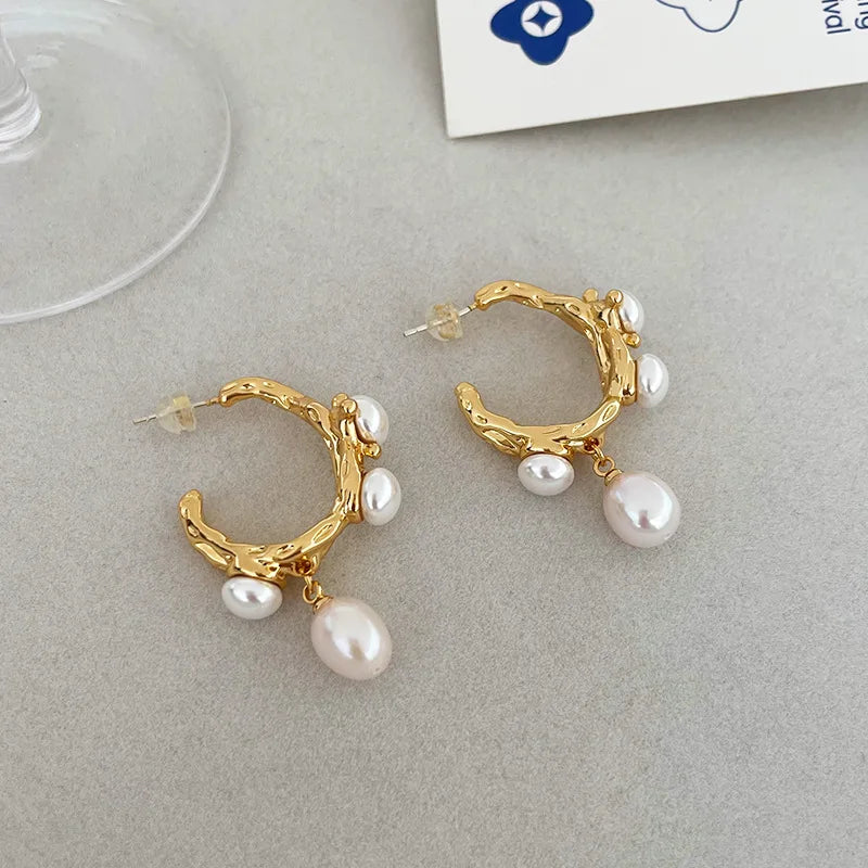 French Fashion Irregular Pearl Pendant Earrings For Women Elegant Lava Handmade C-shaped Earrings Trendy Jewelry Lady Gifts