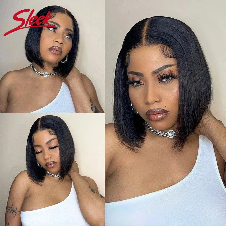 Brazilian Straight Lace Bob Wigs Sleek Short Lace Part Human Hair Wigs 200% Density Cheap Nature Remy Black Dark Hair Wigs