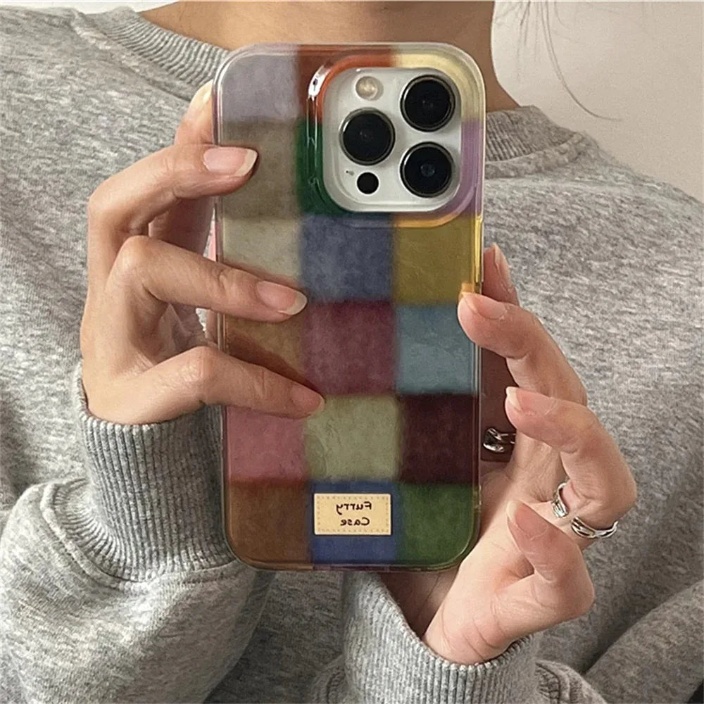 Cute Dopamine Color Block Match Plaid Clear Case For iPhone 16 15 14 13 12 11 Pro Max XS XR X SE 7 8 Plus Checkered Soft Cover