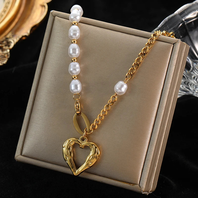 EILIECK 316L Stainless Steel Pearl Heart Pendant Necklace For Women 2023 New Trendy Temperament Simple Neck Chain Jewelry Gifts