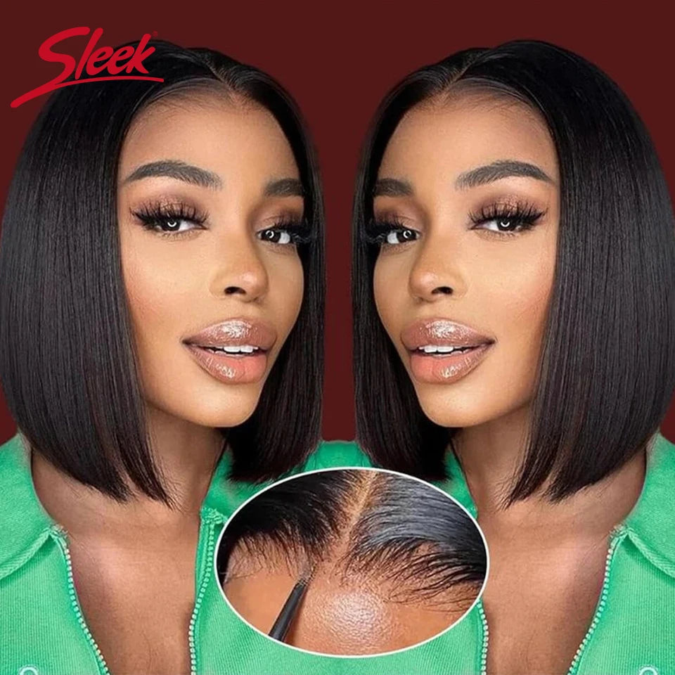 Brazilian Straight Lace Bob Wigs Sleek Short Lace Part Human Hair Wigs 200% Density Cheap Nature Remy Black Dark Hair Wigs