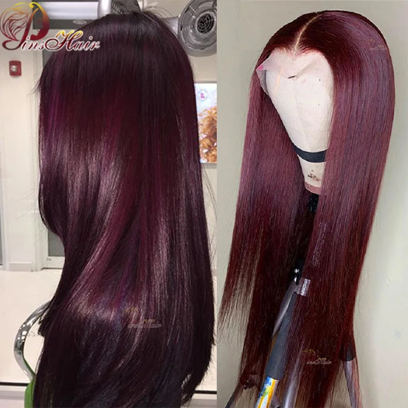 Peruvian Straight Wig Burgundy Red Lace Front Wig 99J Colored 13×4 Lace Frontal Wigs Human Hair 180 Density Transparent Lace Wig