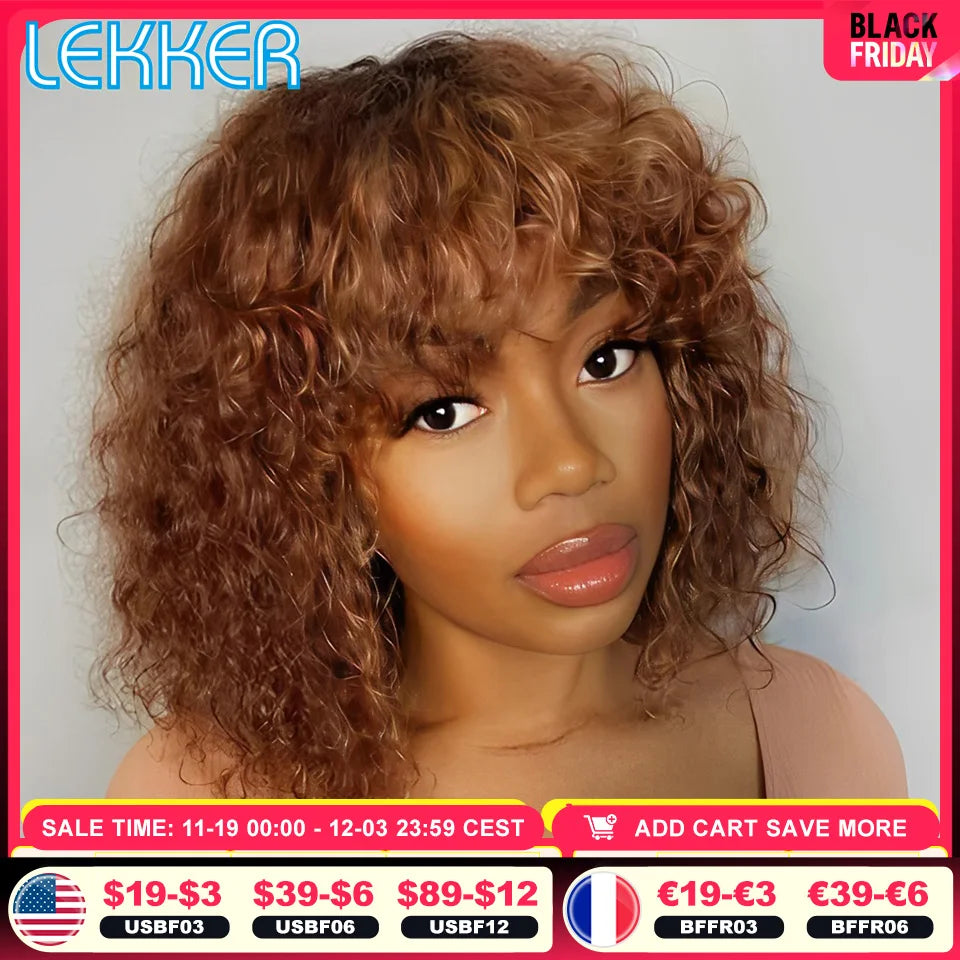 colorido curto pixie afro kinky encaracolado bob peruca de cabelo humano com franja para as mulheres brasileiro remy cabelo ombre marrom máquina completa