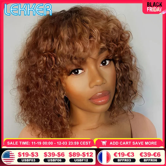 colorido curto pixie afro kinky encaracolado bob peruca de cabelo humano com franja para as mulheres brasileiro remy cabelo ombre marrom máquina completa