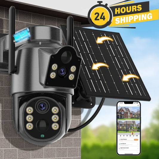 4K HD Solar WiFi Camera Outdoor Built-in Battery Dual Lens 2K Security Camera Solar Panel Wireless Video Surveillance CCTV iCSee