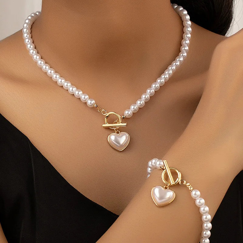 KMVEXO 2pcs Elegant Pearl Heart Pendant Necklaces Bracelet Set Women Imitation Pearls Chain OT Buckle Korean Jewelry Sets Girls