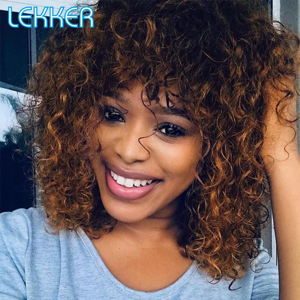 colorido curto pixie afro kinky encaracolado bob peruca de cabelo humano com franja para as mulheres brasileiro remy cabelo ombre marrom máquina completa