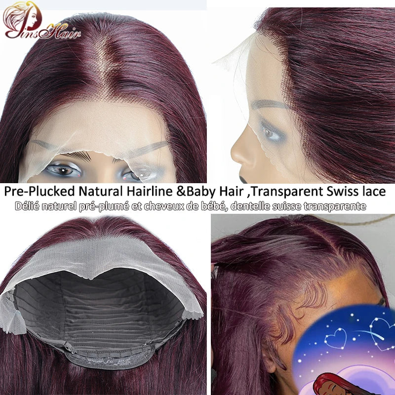 Peruvian Straight Wig Burgundy Red Lace Front Wig 99J Colored 13×4 Lace Frontal Wigs Human Hair 180 Density Transparent Lace Wig