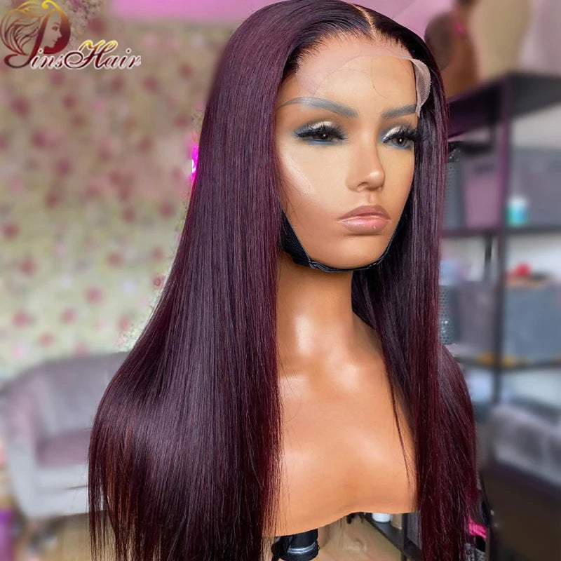 Peruvian Straight Wig Burgundy Red Lace Front Wig 99J Colored 13×4 Lace Frontal Wigs Human Hair 180 Density Transparent Lace Wig