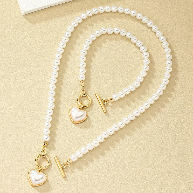 KMVEXO 2pcs Elegant Pearl Heart Pendant Necklaces Bracelet Set Women Imitation Pearls Chain OT Buckle Korean Jewelry Sets Girls