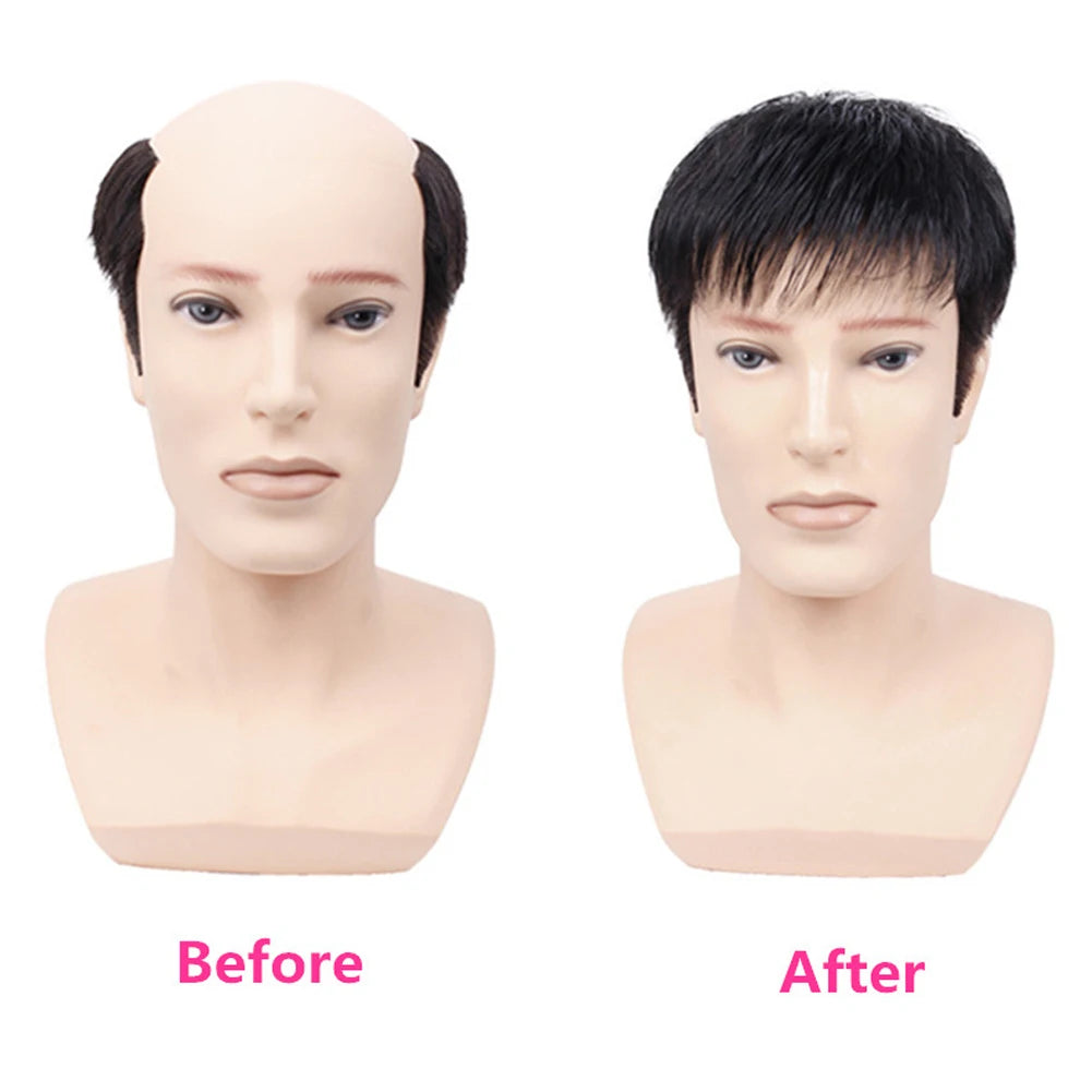 Male Clips-On Short Hair Wig Head Top Synthetic Replacement Blocks Effectively Covering Sparse Hair For Man Perfect Gift