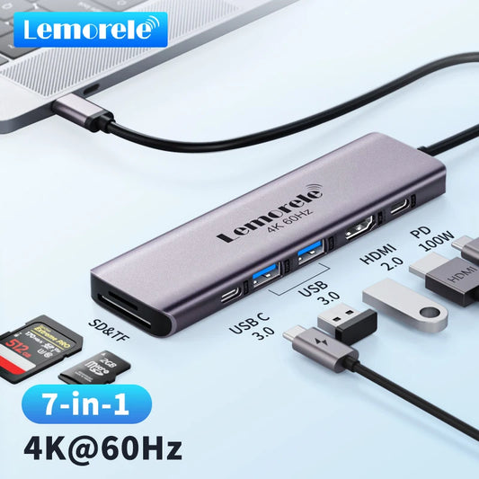 Lemorele TC45 7Port USB to HDMI 4K 60Hz Docking Station USB C HUB Type-C USB  Adapter PD100W SD TF For Macbook Air Pro iPad Pro