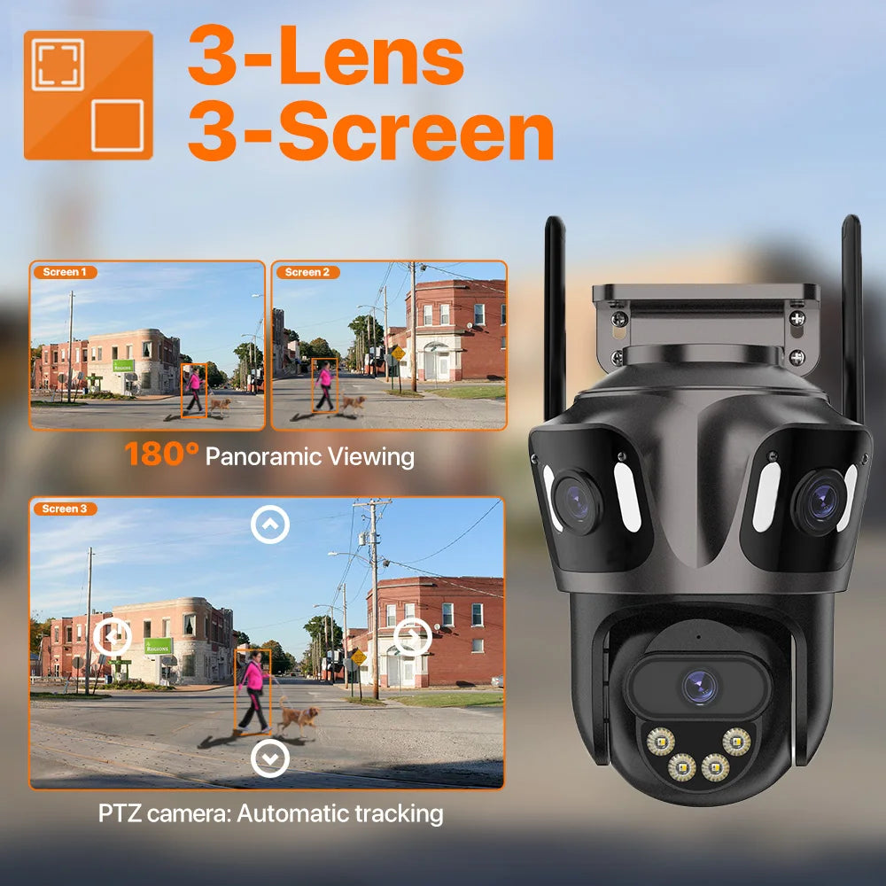 6K HD Three Screen WIFI IP Camera Outdoor 4K Dual Lens PTZ Camera Ai Human Detection Waterproof CCTV Video Security Camera iCsee