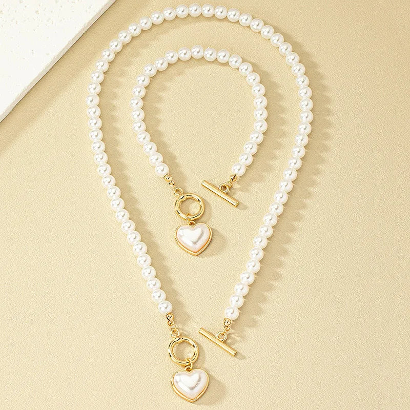 KMVEXO 2pcs Elegant Pearl Heart Pendant Necklaces Bracelet Set Women Imitation Pearls Chain OT Buckle Korean Jewelry Sets Girls