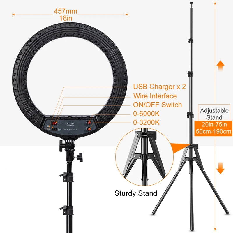 18 inch Ring Light with Tripod Stand 55W 3000-5800K CRI 90 Photo Studio Light for Vlog Video Shooting Makeup Selfie Ring Light