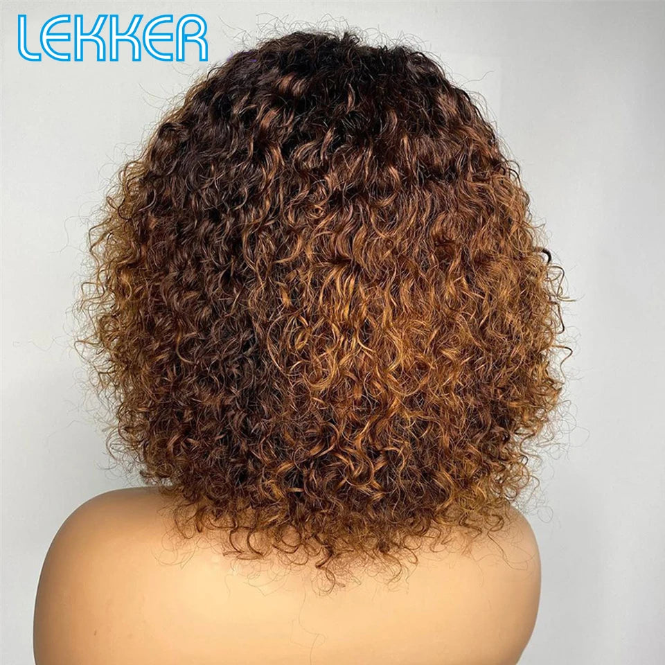 colorido curto pixie afro kinky encaracolado bob peruca de cabelo humano com franja para as mulheres brasileiro remy cabelo ombre marrom máquina completa