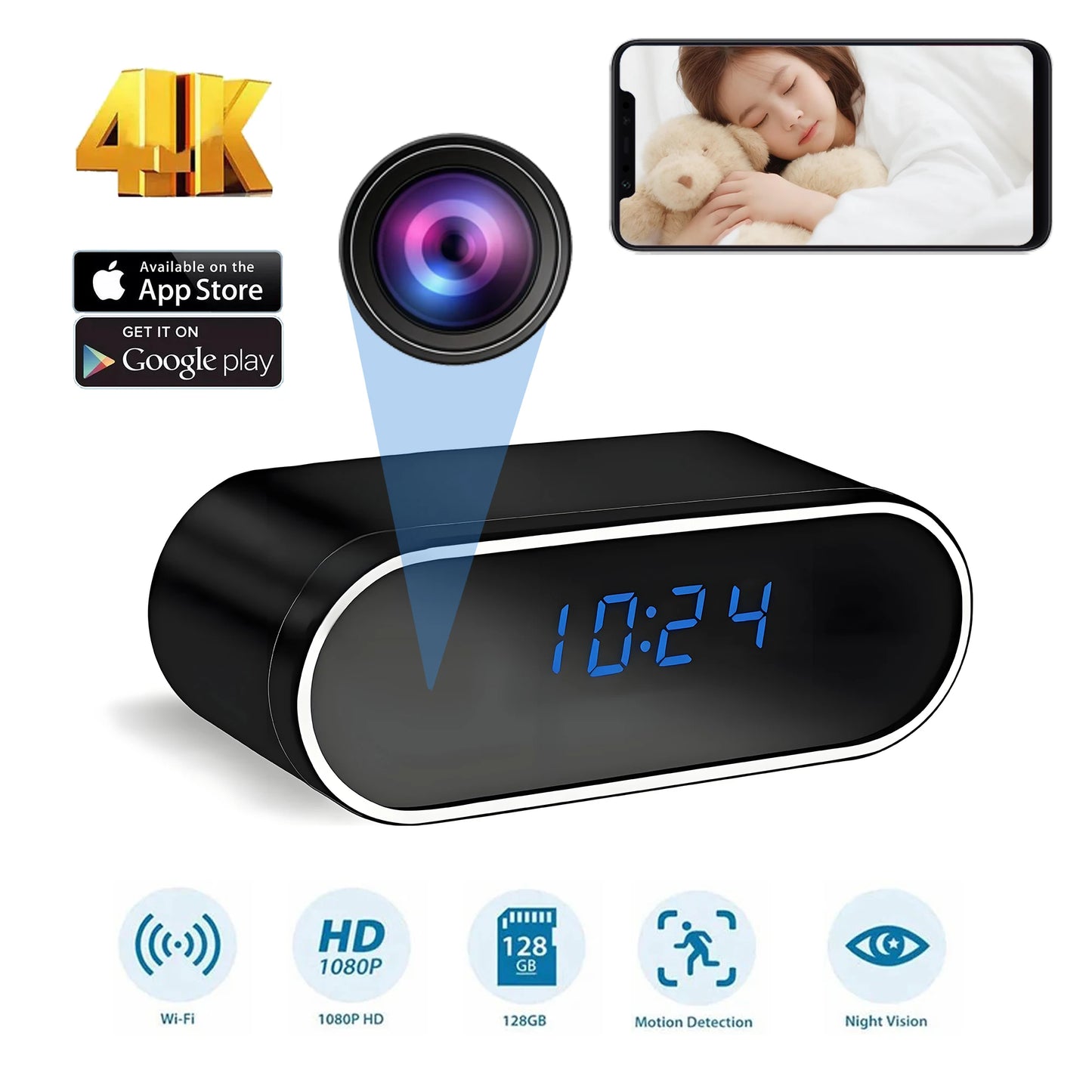 1080P WiFi Mini Camera Full HD Clock Camera with Movement Detect Night Vision for Home and Office Surveillance