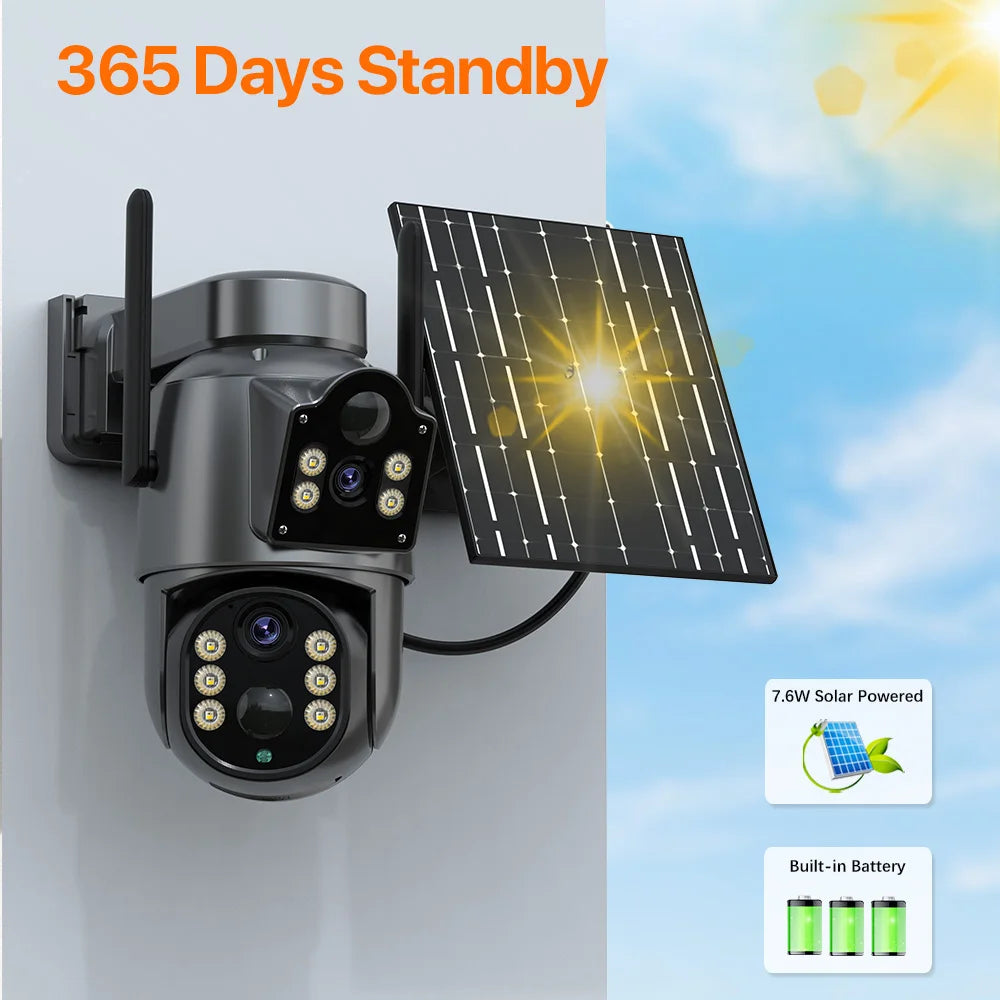 4K HD Solar WiFi Camera Outdoor Built-in Battery Dual Lens 2K Security Camera Solar Panel Wireless Video Surveillance CCTV iCSee