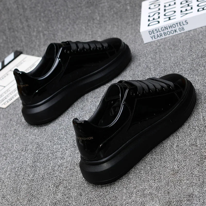 Brand fashion men's shoes, black glossy men's thick-soled white sneakers for couples, sports tennis shoes, outdoor walking shoes