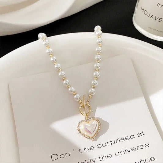 Korean Elegant Pearl Beads Necklace for Women Fashion Rhinestone Shell Heart Pendant Necklace Girl Charms Vintage Choker Jewelry