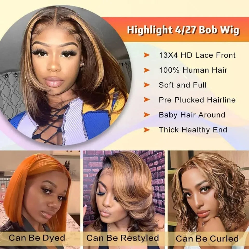 13x4 HD Lace Wigs Highlight Bob Wig Human Hair Short Straight Bob Wigs for Women Pre Plucked Hairline Remy Bob Wigs Hair On Sale