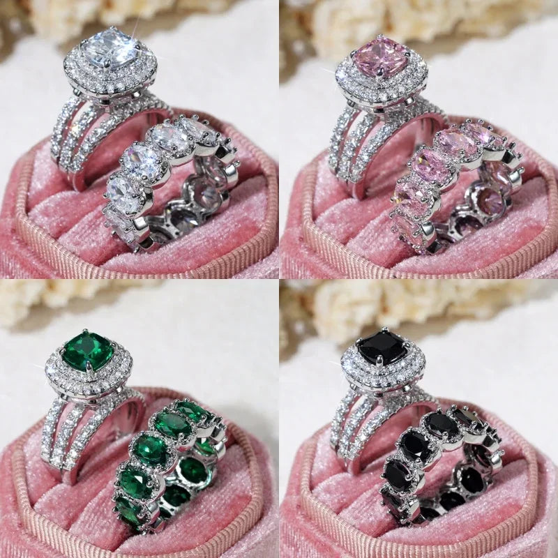 2024 lindo 2 peças anéis de casamento para mulheres branco/rosa/verde/preto conjunto de zircônia cúbica luxo joias de noivado da moda