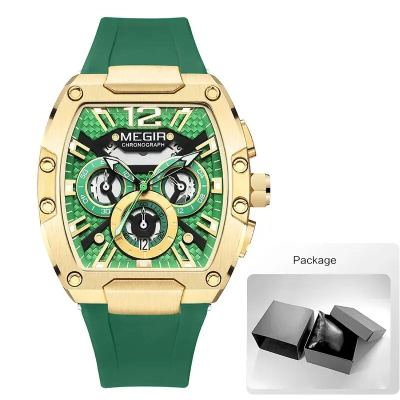 MEGIR Fashion Sport Quartz Watch for Men Waterproof Golden Green Silicone Strap Chronograph Wristwatch with Date Luminous Hands