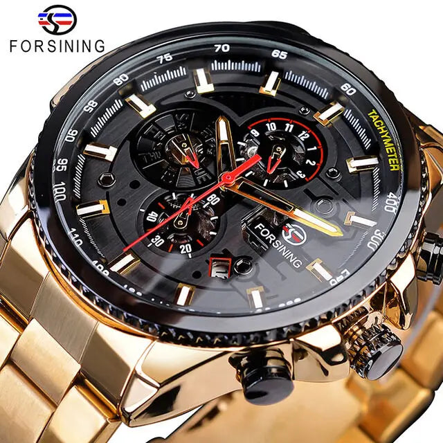 Forsining Rose Golden Case Blue Stainless Steel Mens Business Sport Mechanical Automatic Wrist Watch Three Dialy Multifunction