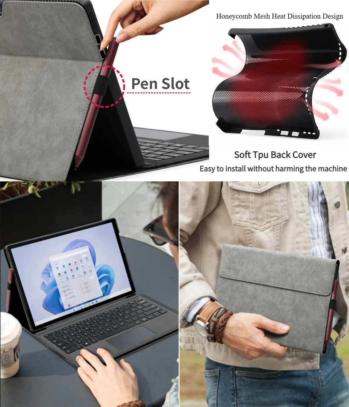 Capa comercial para Microsoft Surface Pro 11/10/9 Portfolio Case 13 polegadas Suporte de ângulo múltiplo Tpu Shell compatível com teclado