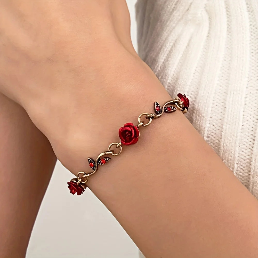 1pc Red Rose Flower Decor Chain Bracelet, Elegant Halloween Christmas Party Gift AccessoriesAnniversary Party Gifts, Jewelry,