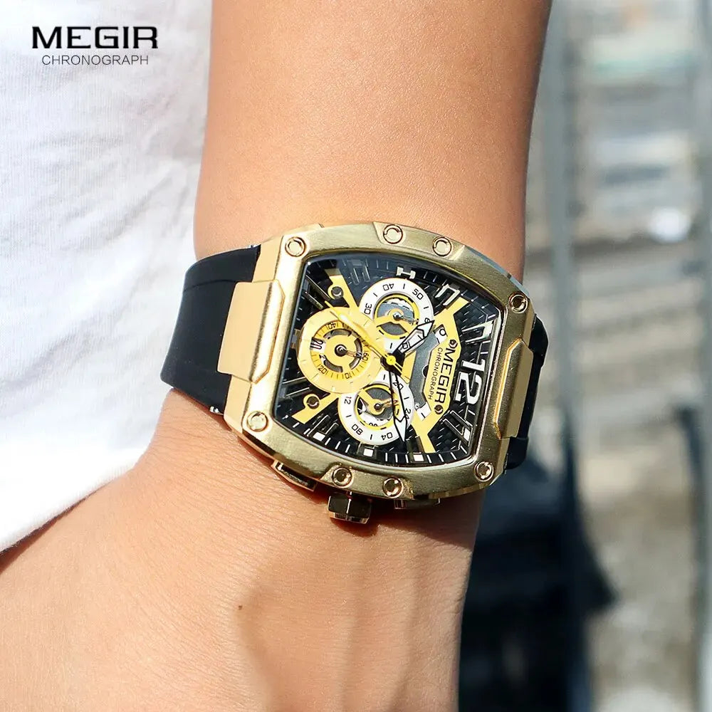 MEGIR Fashion Sport Quartz Watch for Men Waterproof Golden Green Silicone Strap Chronograph Wristwatch with Date Luminous Hands