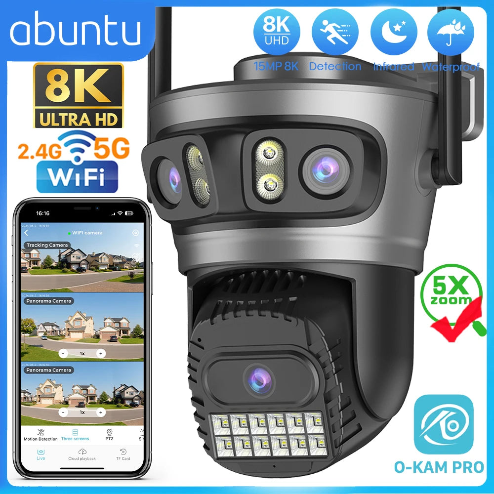 15MP 8K Three Lens Three Screens PTZ IP Camera Outdoor HD 5G Wifi Security Camera Ai Human Detection Home Surveillance Camera