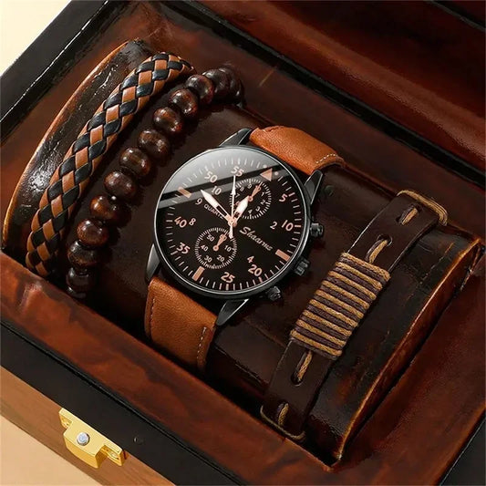 5PCS Set Fashion Mens Sports Watches Man Business Quartz Wristwatch Luxury Leather Bracelet Men Casual Clock Watch