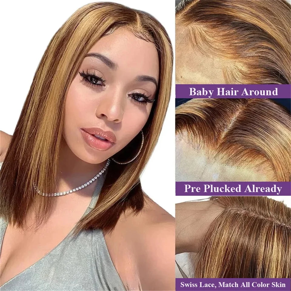 13x4 HD Lace Wigs Highlight Bob Wig Human Hair Short Straight Bob Wigs for Women Pre Plucked Hairline Remy Bob Wigs Hair On Sale