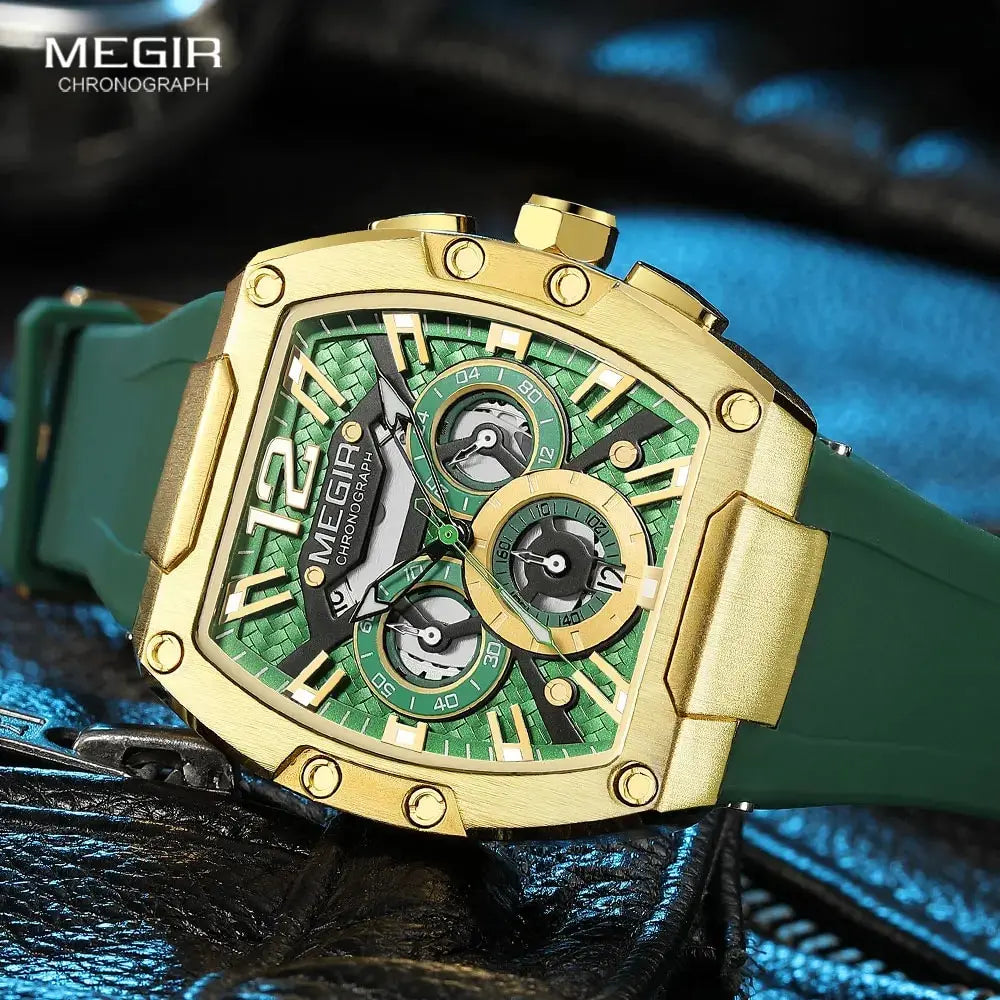 MEGIR Fashion Sport Quartz Watch for Men Waterproof Golden Green Silicone Strap Chronograph Wristwatch with Date Luminous Hands