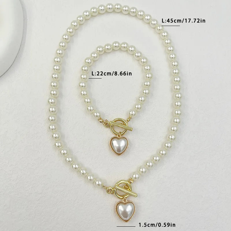 KMVEXO 2pcs Elegant Pearl Heart Pendant Necklaces Bracelet Set Women Imitation Pearls Chain OT Buckle Korean Jewelry Sets Girls