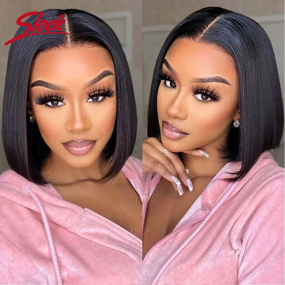 Brazilian Straight Lace Bob Wigs Sleek Short Lace Part Human Hair Wigs 200% Density Cheap Nature Remy Black Dark Hair Wigs