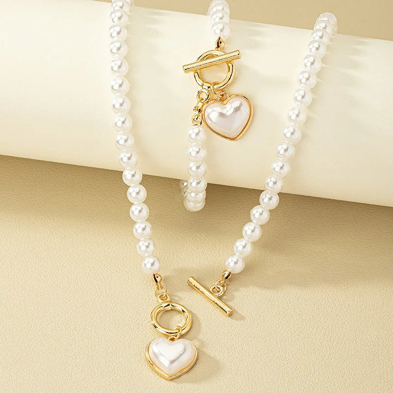 KMVEXO 2pcs Elegant Pearl Heart Pendant Necklaces Bracelet Set Women Imitation Pearls Chain OT Buckle Korean Jewelry Sets Girls