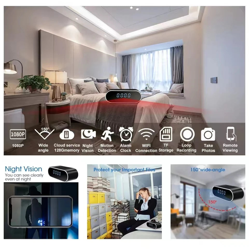 1080P WiFi Mini Camera Full HD Clock Camera with Movement Detect Night Vision for Home and Office Surveillance