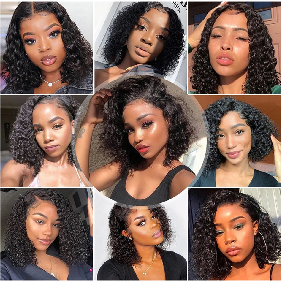 Glueless Wigs Short Water Wave Bob Wig Wet And Wavy Deep Wave Kinky Curly Lace Front Human Hair Wigs HD Transparent Frontal Wig